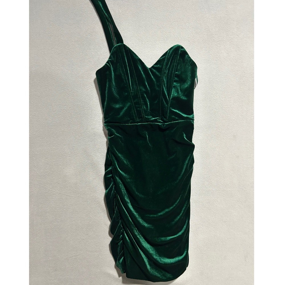 Green Juliet Velvet Mini Dress Women Small Asymmetrical Strap Holiday Party Club